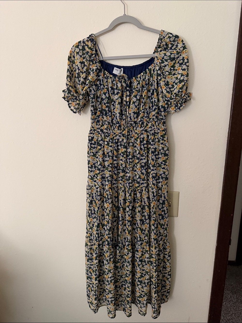 Floral Puff-Sleeve Maxi Dress in Navy and Yellow